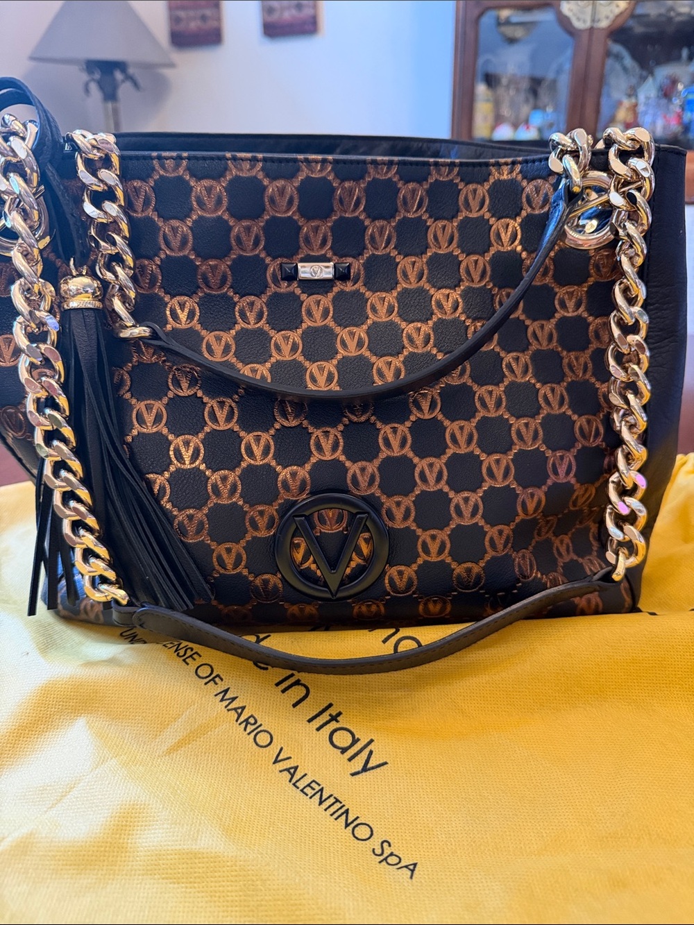 Mario Valentino Brown & Black Monogram Chain Tote